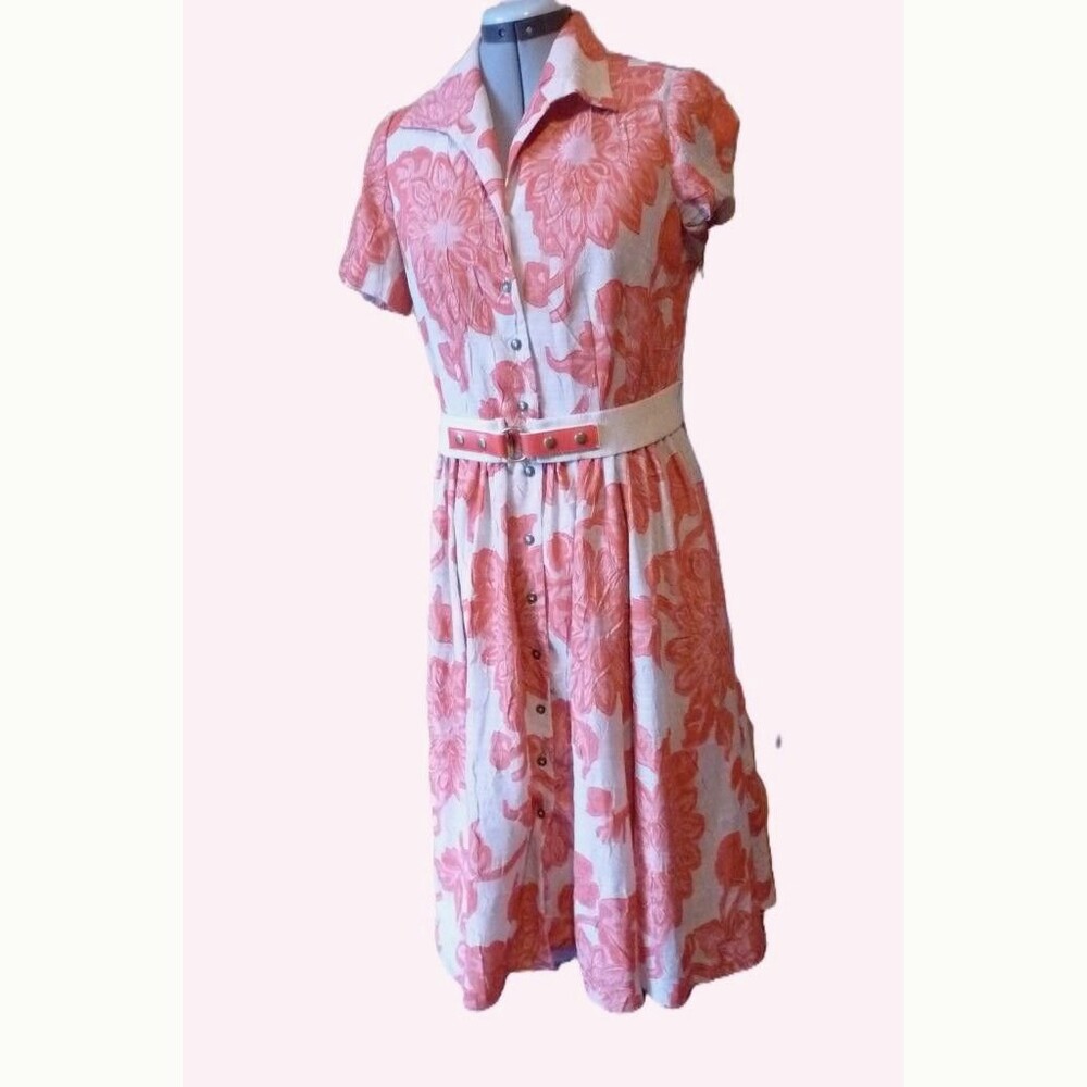 Jones New York Coral Beige Belted Floral Button Front Collared Shirt Dress S 8